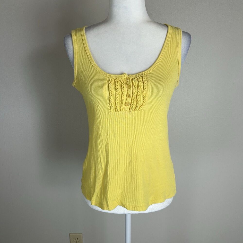 Y2K Vintage 90s M Butter Yellow Tank Top Ruffle Henley Pleated Retro School